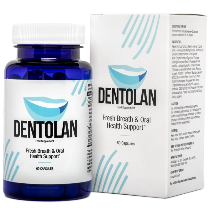 Boîte et gélules de Dentolan, solution efficace contre la mauvaise haleine et pour une haleine fraîche.